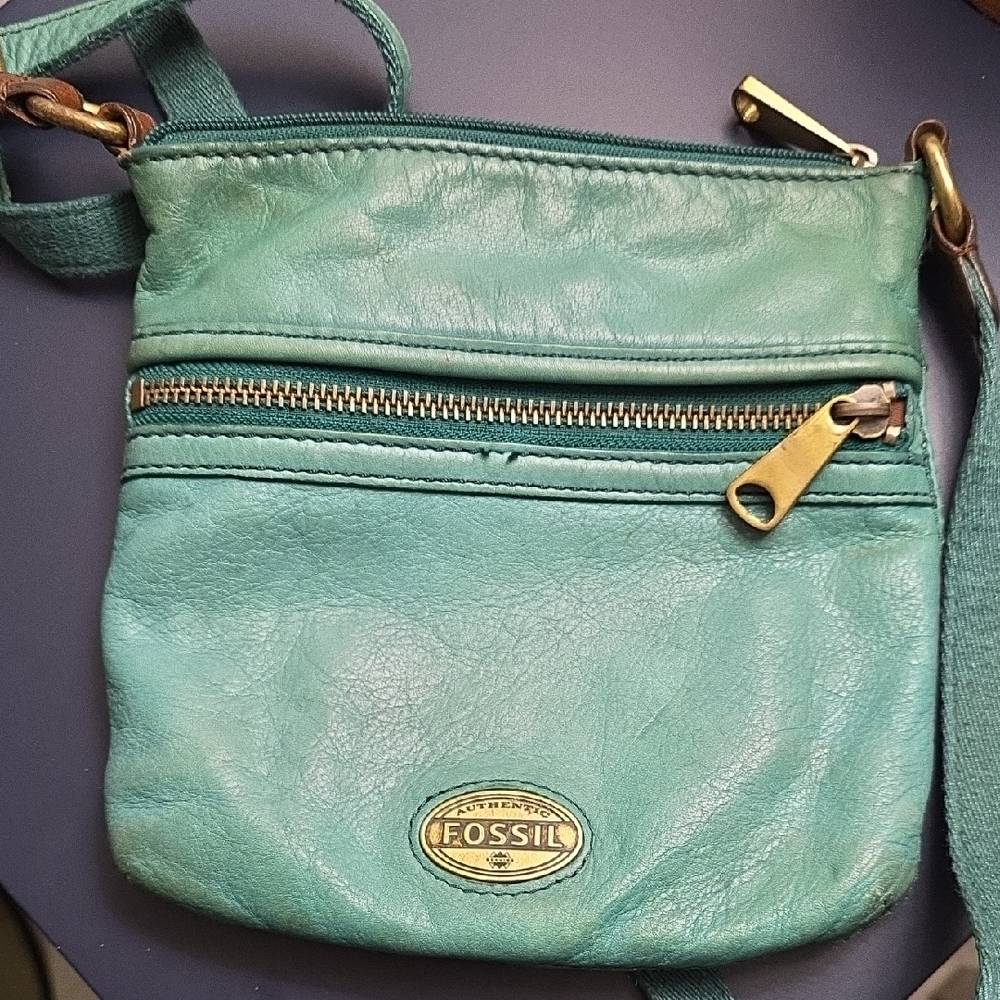 Fossil Teal Crossbody Bag with Gold Accents